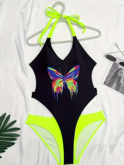 Women's Sexy Butterfly Print Monokinis Swimsuit - Halter Neck, Cut Out Backless, High Cut, Smooth Polyester & Spandex Fabric - Summer Beach Wear | High Stretch & Machine Washable | Customized SXY Special Collection