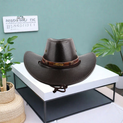 Women Men Western Hat Faux Leather Wide Brim Cowgirl Cap Sun Protection Hat for Outdoor Party