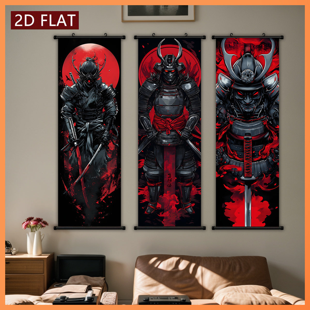 Black and Red 3pcs Set of Japanese Samurai Battle Scroll/Hanging Scrolls, Oriental Classical Style Decorative Art with Armor & Weapon Elements, Symmetrical Composition and Metal Ornament Details, Suitable for Living Room, Tea