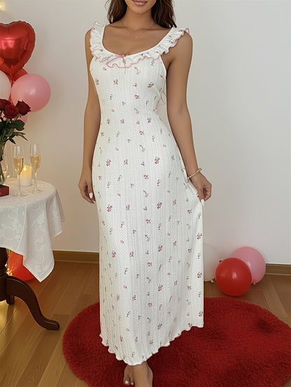 Bowknot Decor Ditsy Floral Print Ruffle U-Neck Sleeveless Nightgown | Casual Backless Frill Trim Jacquard Textured Women'S Home Night Dress, Perfect for Adult, Brand: CHICME