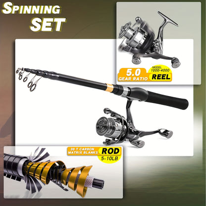 SOUGAYILANG Heavy-Duty Carbon Fiber Fishing Rod & Reel Combo with 5.0:1 Gear Ratio Spinning Wheel, Medium Power Fast-Retraction Line System, Complete Lure Kit (Hooks, Beads) - All-in-One Freshwater Bass Pike Trout Fishing for