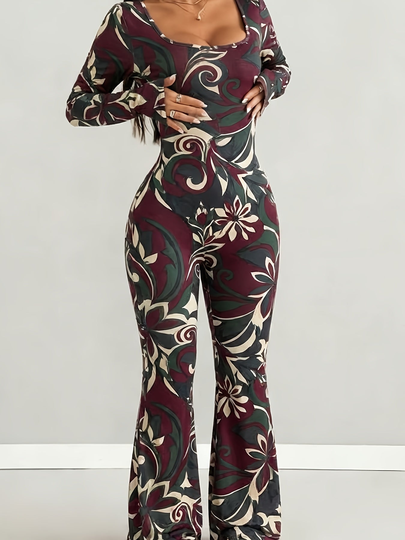 Women'S Jumpsuit Set | Casual Fashionable Sexy, Loose U-Neck Cut, Slim Fit, Burgundy Rose Print, Long Sleeve Flared Leg, Versatile Use, Suitable for Multiple Occasions & Seasons, Ideal for Outdoor