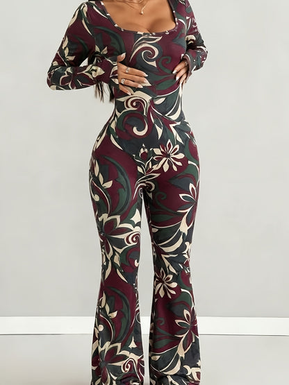 Women'S Jumpsuit Set | Casual Fashionable Sexy, Loose U-Neck Cut, Slim Fit, Burgundy Rose Print, Long Sleeve Flared Leg, Versatile Use, Suitable for Multiple Occasions & Seasons, Ideal for Outdoor