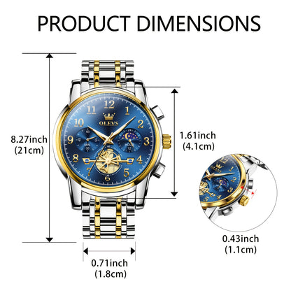 OLEVS Men's Luxury Multifunctional Quartz Watch - Stainless Steel Luminous Analog Watch with Moon Phase, Chronograph, Date/Day/24H Indicator, Golden-Tone & Bracelet for Business, Casual, Casual Attire - Dress Watch