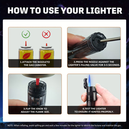Windproof Straight Flame Lighter Without Butane, Featuring a Sand Wheel, a Visible Gas Window, And an Inflatable Design. This Mini Lighter Is Portable And Perfect for Use in The Kitchen, Fireplace, Or As Gifts for Occasions L
