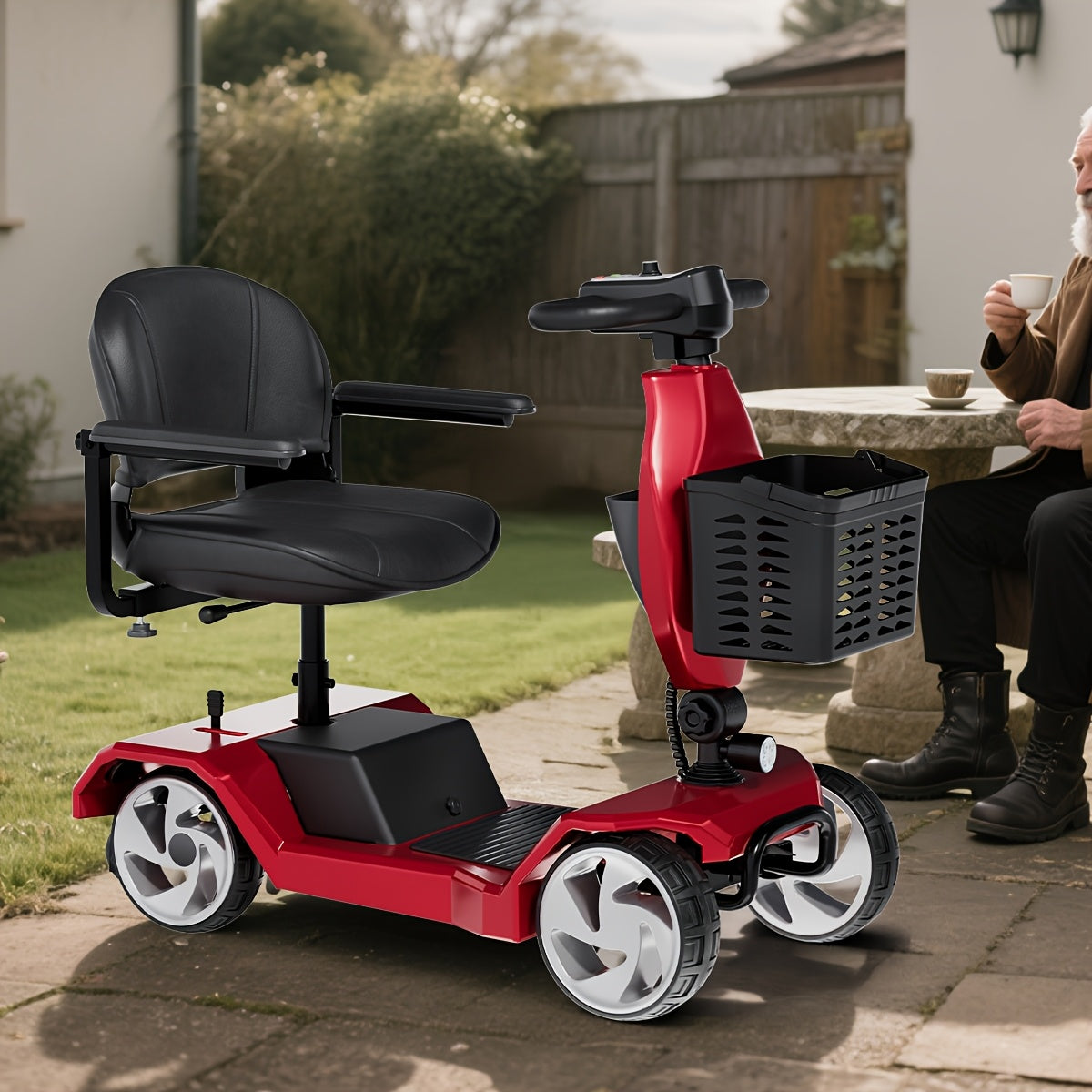 HOMYKING Red Travel-Friendly HOMYKING Foldable 4-Wheel Electric Scooter, 250W Power + Dual Suspension, 15 Miles Range + Front Brake, Detachable Basket + Front Light, for Adults/Elders, 265lbs Capacity, Foldable Scooter, Mobil