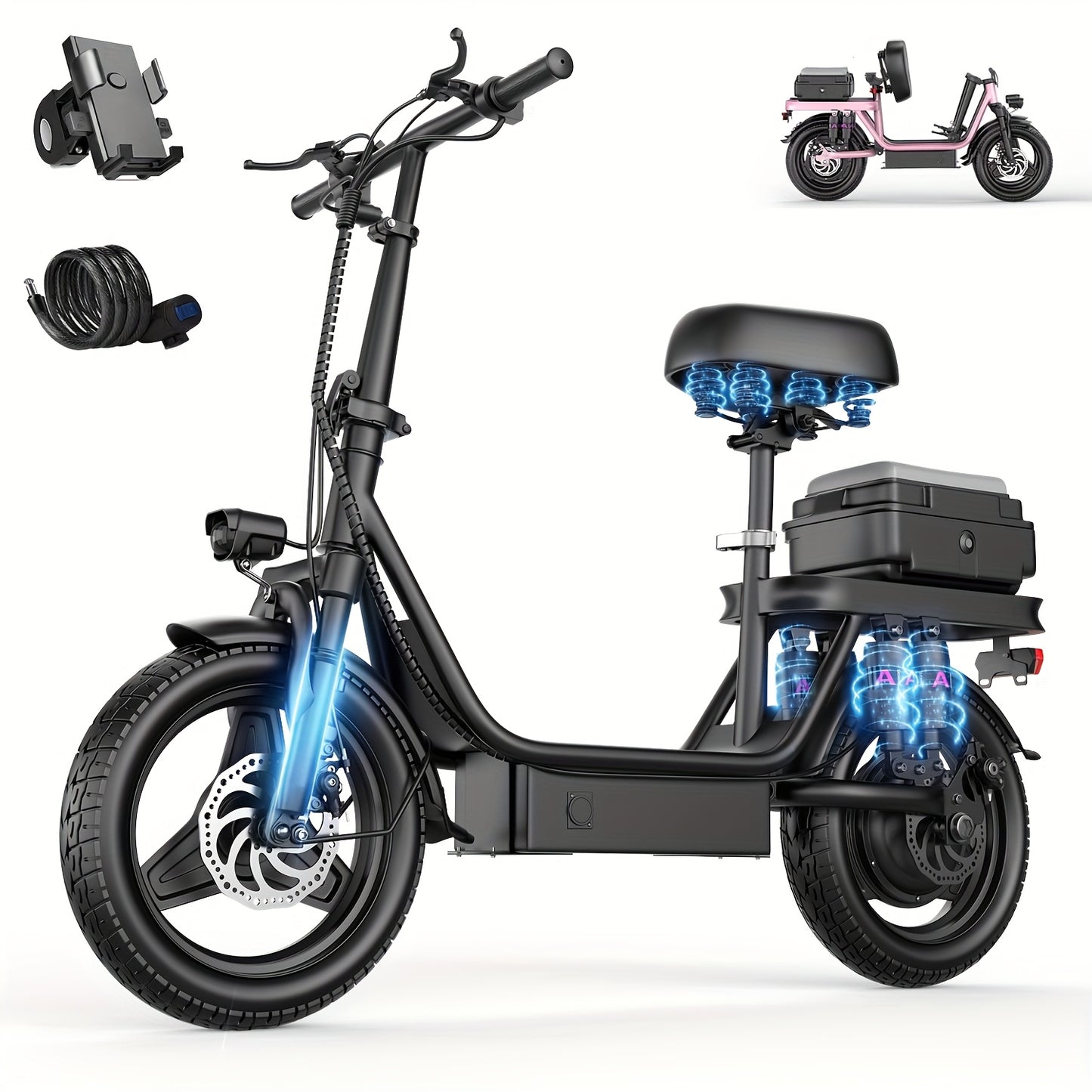 Peak Power 740W Electric Scooter With Free Seat & Basket - 48V10/15AH Battery, Dual Suspension, 20MPH, 10-35 Miles, LCD Display, 330lbs Max Load (Best For Commuting) Folding Ebike Adult Mini Electric Bike Equipped With Intell