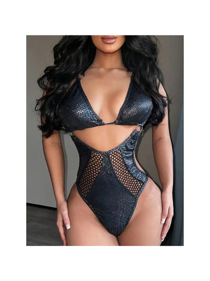 Women's Sexy and Elegant Erotic Snake Print Shiny Scale Pattern Bikini - Women's Erotic Lingerie Set with Mesh Panels and Metal Ring Decorations, Adjustable Back Straps, Halter Neck, Breathable and Quick-Drying Swimsuit, Suit