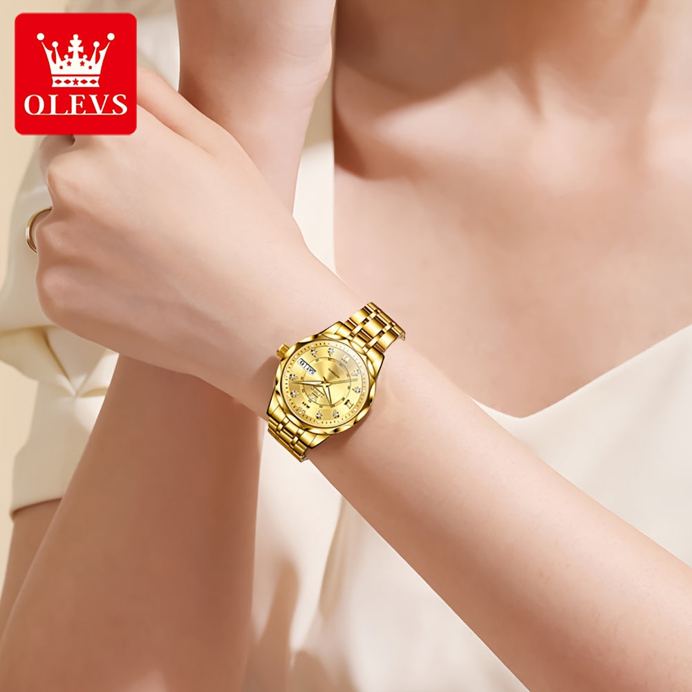 OLEVS Women'S Stainless Steel Automatic Mechanical Watch with Luminous Hands & Chronograph - Golden-Tone Elegant Round Watch, High Quality (Not), Luxury Analog Wristwatch for Women, No Battery/Easy Maintenance, Durable Everyd