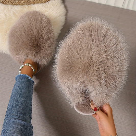 Elegant Fluffy Women'S Slippers | All-Season Solid Color | Cozy Fairy Style Indoor/Outdoor Slides with Non-Slip Rubber Sole | Comfortable Fabric Lining | Warm Faux Fur Korean Version Flat Heeled Slippers