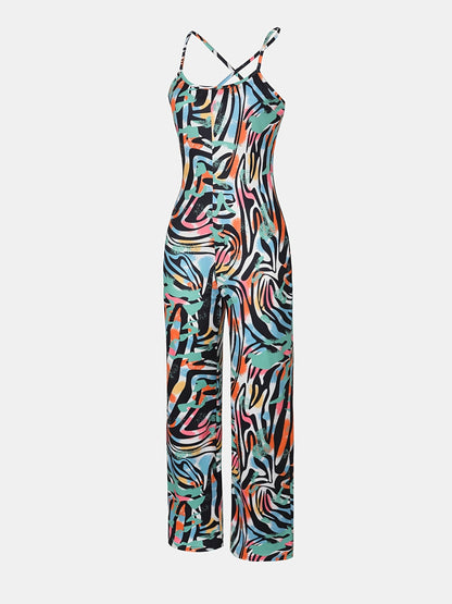 Women's Stylish All-Over Print Cami Jumpsuit - Vibrant Abstract Pattern, High Elasticity, Machine Washable, Perfect for Spring/Summer/Fall