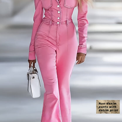 Women'S Fashionable Faux Denim Jumpsuit | Solid Color, Lapel, Off-shoulder, Single-breasted, Long-sleeved, Fitted Top and Slightly Flared Trousers with Pockets | Casual Style, Slight Stretch Fabric, All-Season, SCACTO Brand