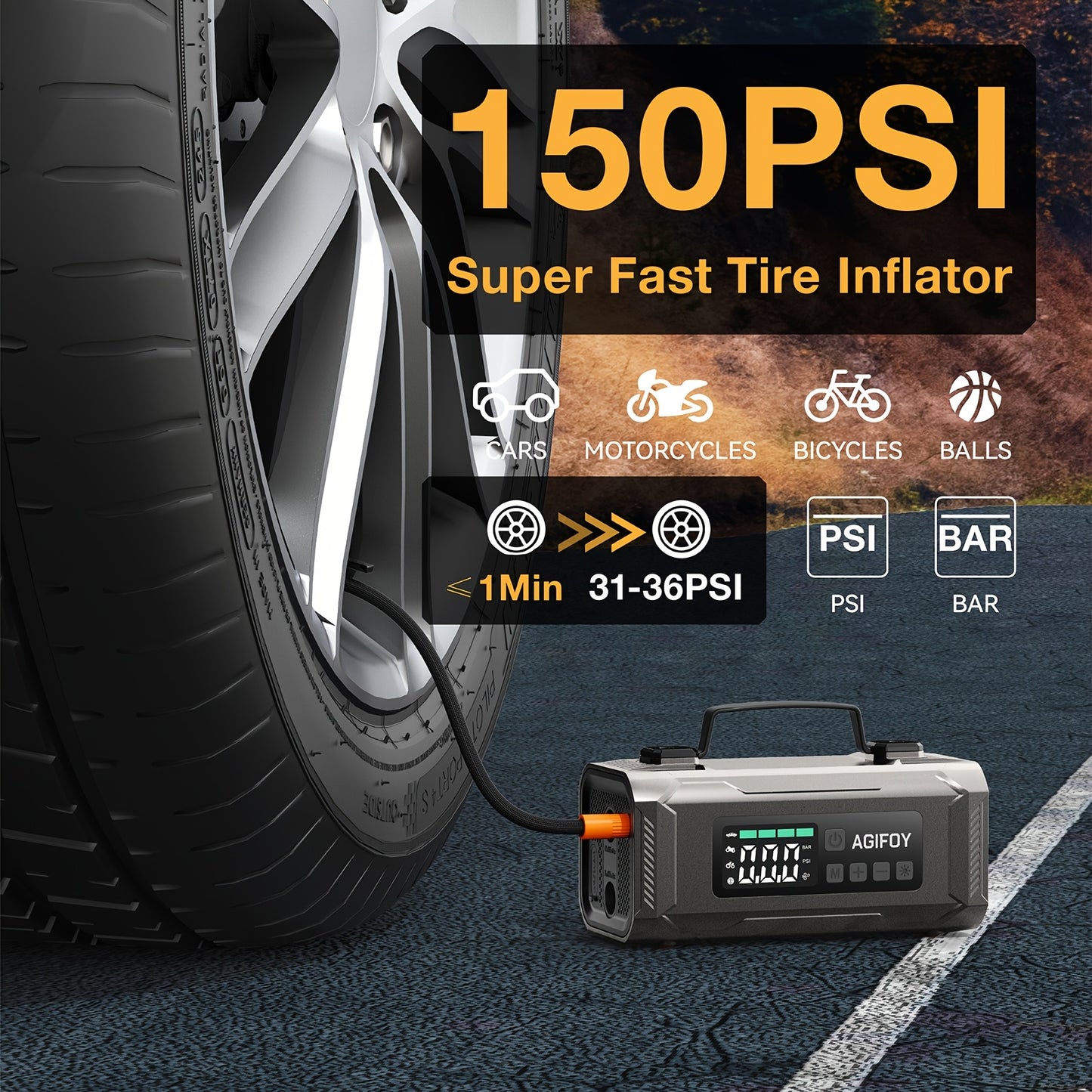 Car Jump Starter with Air Compressor, 6-in-1 2500A Car Battery Charger Power Jumper Starter Pack(All Gas/2.11gal Diesel), 150PSI Tire Inflator, Air Pump for Inflation/Deflation, LED Emergency Light, Jump Starter Battery Pack