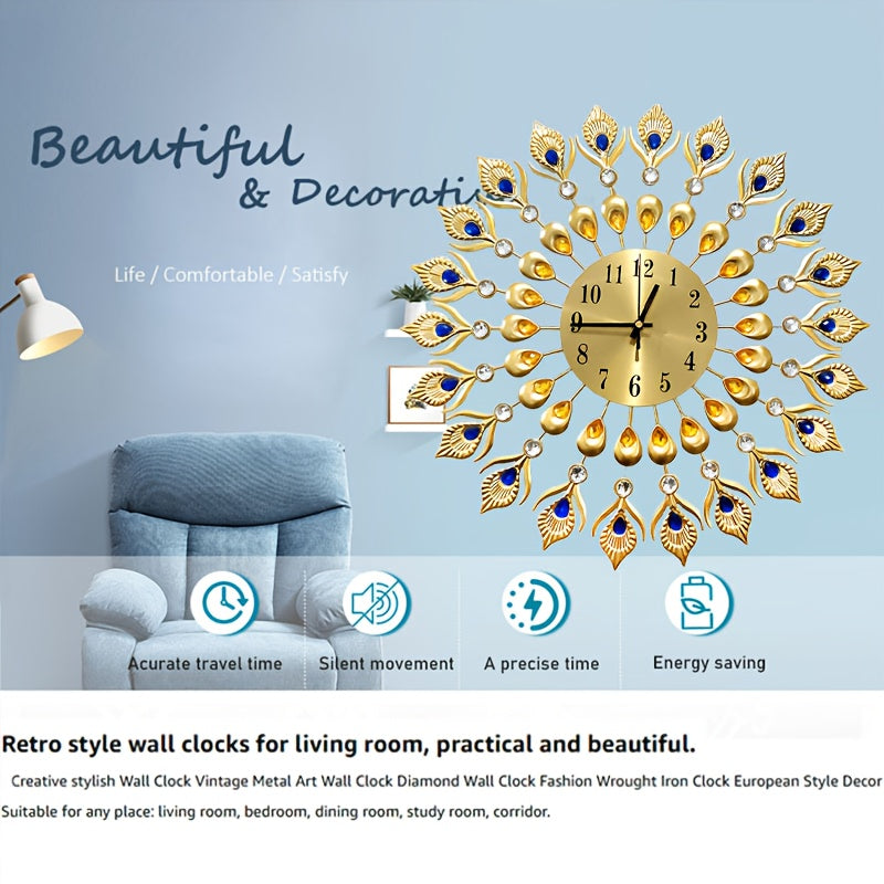 Elegant Peacock Pattern Metal Silent Wall Clock - Modern Minimalist Quartz Movement, No Ticking Sound, Auto Shut-Off, Round Metal Wall Clock with & Golden Peacock, For Living Room, Bedroom, Peacock Decor, Bedroom Accessory, H