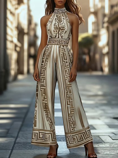 Ladies' Summer New Fashionable Stand Up Collar Sleeveless Off Shoulder Wide Leg Jumpsuit Casual Retro Patterned Jumpsuit