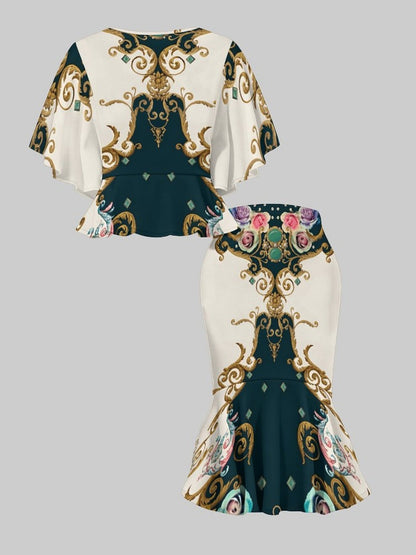 2pcs Women'S 3D Printed Outfit | Short-Sleeve Top & Mermaid Hem Skirt with Vibrant Geometric All-Over Print, Unique Textures, Comfortable Fabric, Elegant & Trendy Style for Casual Outings