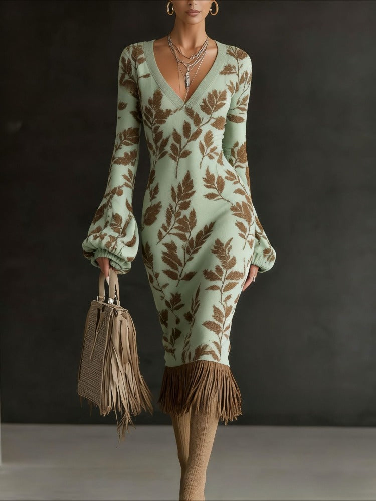 Autumn And Winter New Cross-border European And American Style Flower Dress, Loose V-neck Long Sleeves, Retro Tassel Decoration Exquisite Printing, Skin-friendly Pendant Without Wrinkle, Daily Dating Commuting Versatile Cross