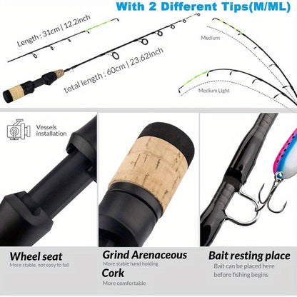 Complete Ice Fishing Rod and Reel Combo Set with Backpack, Seat, Cleats, Jigs, Line - 24/26, Medium-Light Power, Right-Handed, Fast Action, Fluorosint 500 PTFE, Ideal for Winter Fishing, Ice Fishing Gear | Camouflage Backpack