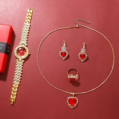 5pcs Golden Luxury Women'S Rhinestone Ring Necklace Earring And Wrist Watch Set, Elegant Ladies Bracelet Watches Jewelry Set, Jewelry for Women, Special for Party And Gifts, Lucky Gifts Holiday Presents are Exclusively Provid
