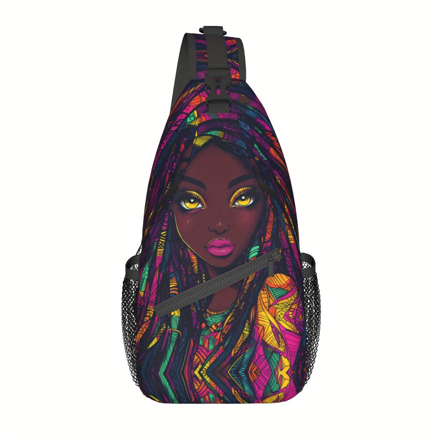 Women's African Print Crossbody Bag - Large Capacity Chest Bag with Zipper Closure, Bold African Woman Portrait in Purple, Blue, Yellow, Green, Red - Durable Gym, Travel, Everyday Bag for Women - Easy-Care Hand Washable Desig