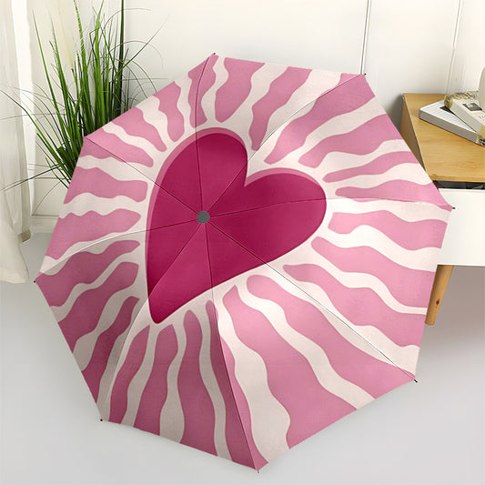 1pc Zebra Heart Automatic Open/Close Umbrella - Pink & White Zebra Print with Red Heart Design, Portable Folding Travel Umbrella, Durable Fabric, 8-Rib Sturdy Frame, Compact & Lightweight for Outdoor, Beach, Parties, Gifts, P