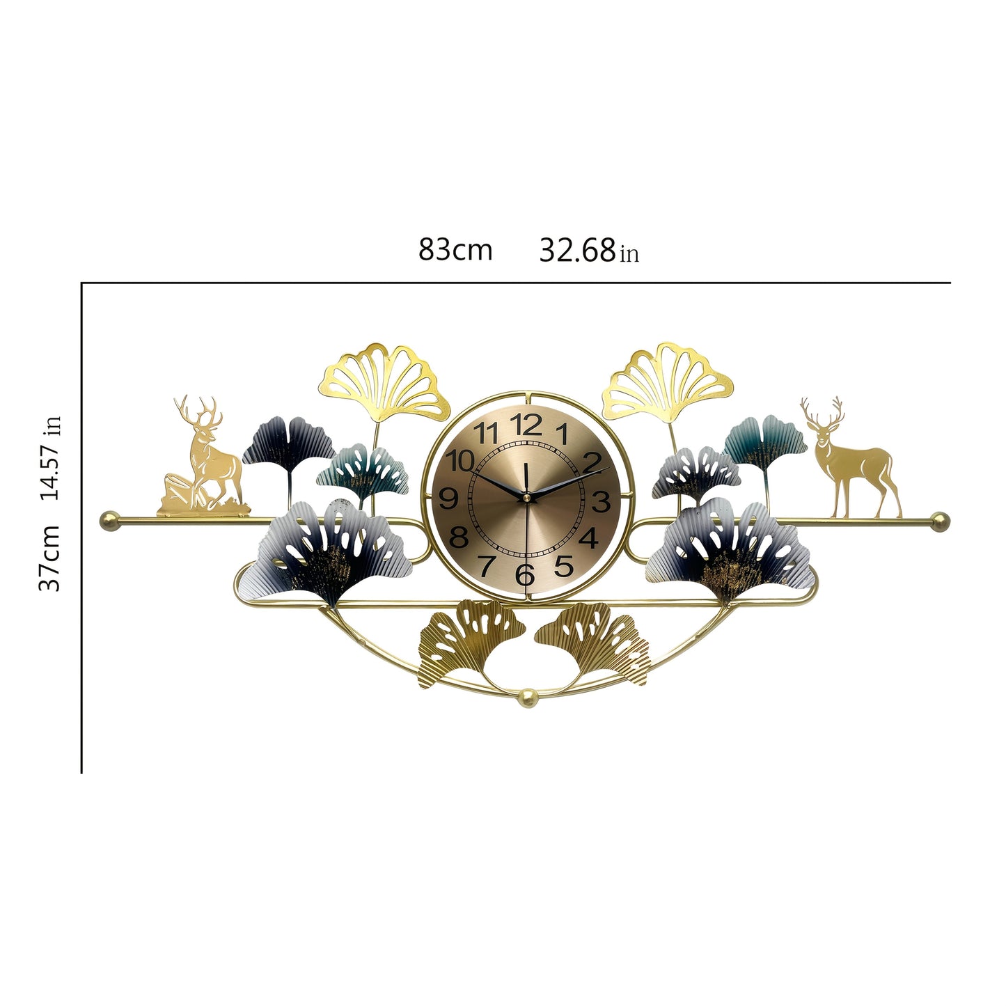 3D Creative Wrought Iron Wall Clock for Bedroom Living Room, 32.68in x 14.57in Ginkgo Leaf Silent Wall Clock, Wrought Iron Decor Gift, Large Black Golden Green for Dining Room