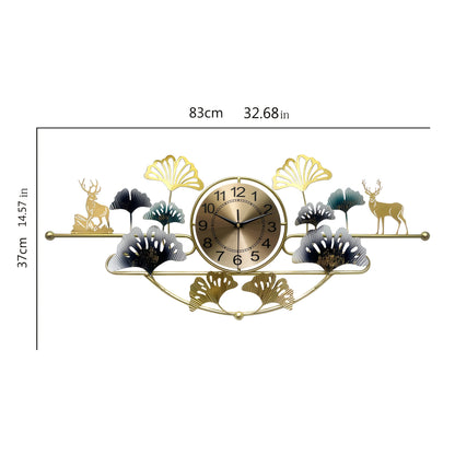 3D Creative Wrought Iron Wall Clock for Bedroom Living Room, 32.68in x 14.57in Ginkgo Leaf Silent Wall Clock, Wrought Iron Decor Gift, Large Black Golden Green for Dining Room