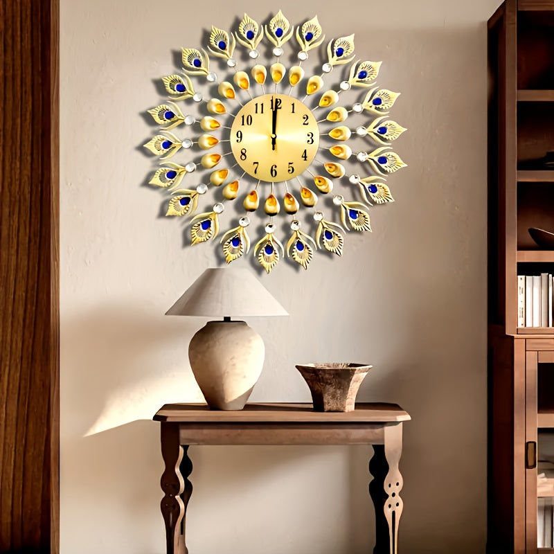 Elegant Peacock Pattern Metal Silent Wall Clock - Modern Minimalist Quartz Movement, No Ticking Sound, Auto Shut-Off, Round Metal Wall Clock with & Golden Peacock, For Living Room, Bedroom, Peacock Decor, Bedroom Accessory, H