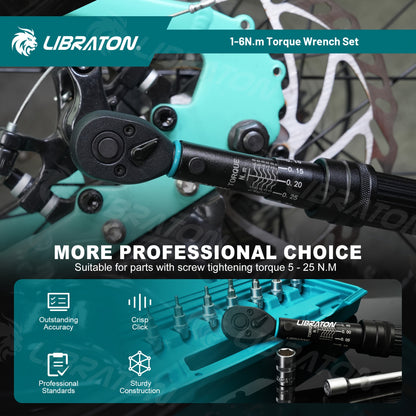 LIBRATON 1/4'' Torque Wrench Set, 1-6Nm Suitable for Bike, 0.05Nm Micro Drive Click Torque Wrench Set, Bicycle Maintenance Kit with Hex, Torx/Star Bit Sockets, Extension Bar Kit, Gift for Boyfriend, Dad, for Man