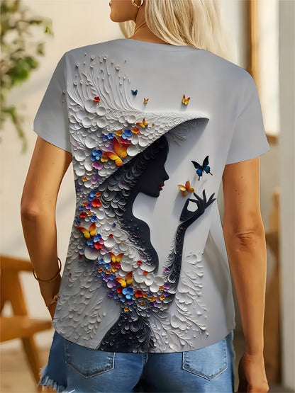 Plus-Size Women's Lightweight Breathable Stretchy Short Sleeve Crew Neck T-Shirt - Vibrant 3D All-Over Print Casual Summer Top, Machine Washable Daily Wear Tee, Butterfly Floral Design, Comfortable Fit Shirt