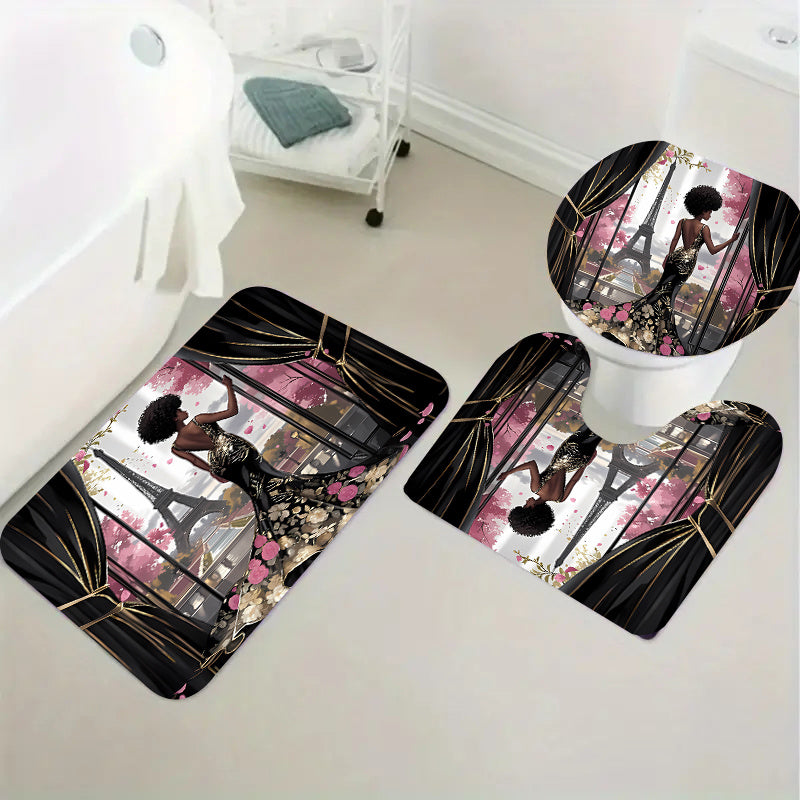 2D 1pc/4pcs Featuring The Eiffel Tower Design, Suitable for Apartment Bathrooms And Shower Rooms, Includes a Hotel Shower Curtain Set with 12 Hooks, a Bathroom Mat, a Toilet Seat Cover, And a U-Shaped Mat, All As Part of The