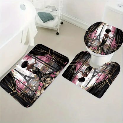2D 1pc/4pcs Featuring The Eiffel Tower Design, Suitable for Apartment Bathrooms And Shower Rooms, Includes a Hotel Shower Curtain Set with 12 Hooks, a Bathroom Mat, a Toilet Seat Cover, And a U-Shaped Mat, All As Part of The