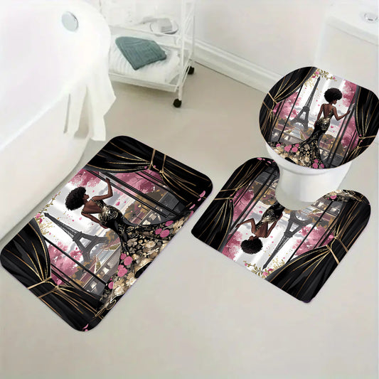 2D 1pc/4pcs Featuring The Eiffel Tower Design, Suitable for Apartment Bathrooms And Shower Rooms, Includes a Hotel Shower Curtain Set with 12 Hooks, a Bathroom Mat, a Toilet Seat Cover, And a U-Shaped Mat, All As Part of The