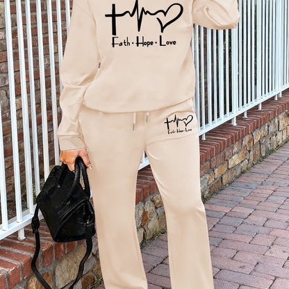 Women'S Casual Crew Neck Sweatshirt and Straight-Leg Pants Two-Piece Set with "Faith Hope Love" Print, Fleece-Lined, Drawstring Waist, All-Season, Comfortable Outfit For Casual Attire, Comfortable Clothing | Crew Neck Sweatsh