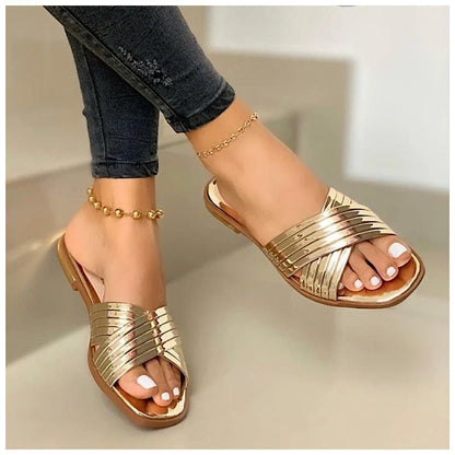 Women's Slip- Comfortable Flat - Open-Toe Mules with Arch & Cushioned Insole, Low-Heel PU Sole, Golden Buckle Strap - Casual to Formal Summer Shoes (EU 36-43, US Women's 5-10) - Ideal for Beach, Office, Semi-Formal Events - E