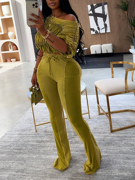 Washed Creased Top And Long Pants Two-Piece Set