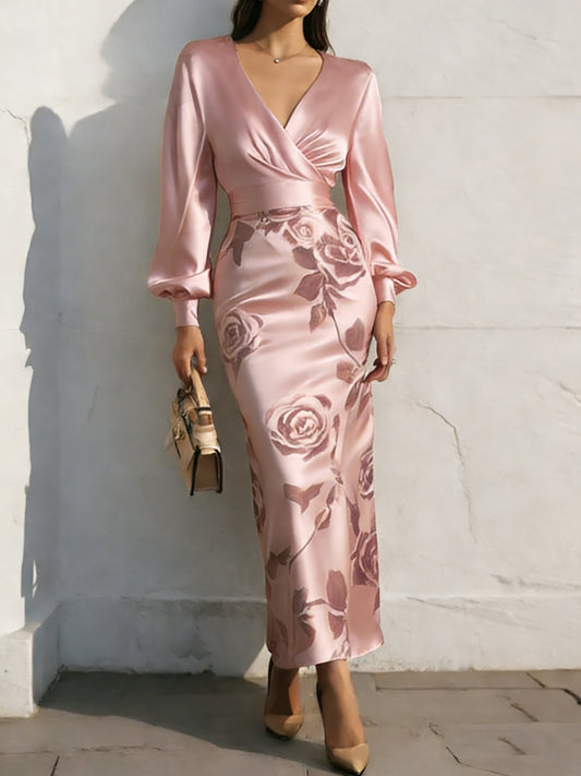 Vintage-style Rose Print Waist-cinching Midi Dress for Women | Beige And Brown Color-block V-neck Dress with Lantern Sleeves, Suitable for High-end Social And Date Occasions In Autumn And Winter