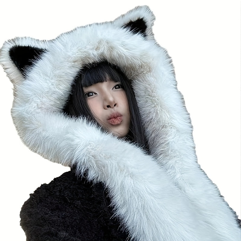 [Cat Ear Hat Scarf] A Soft Polyester Faux Fur Cat Ear Hat with an Integrated Scarf, Suitable for Both Men And Women in Winter, Stylish And Unisex, Lightweight, with a Closure, Perfect for Singles Parties.