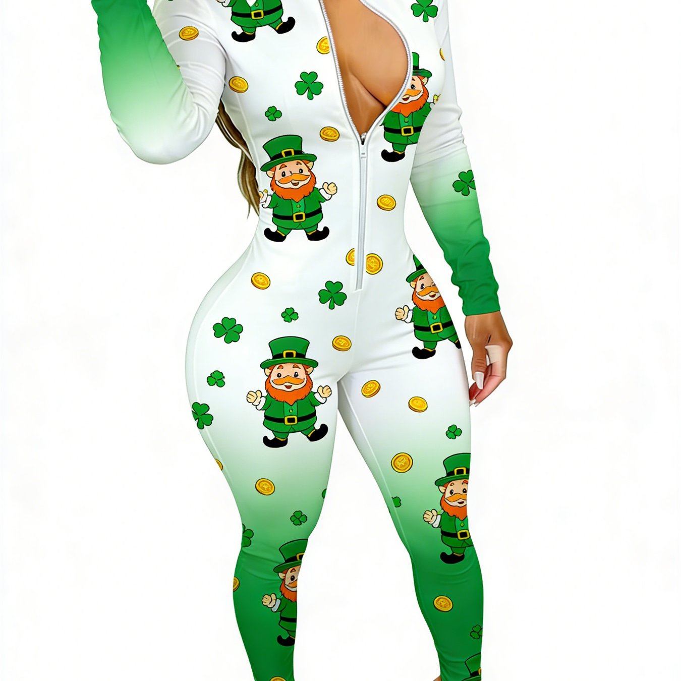 St Patrick'S Day Women'S Long Sleeve Jumpsuit | White-Green Gradient, Leprechaun & Golden Coins & Clover, Slim Fit, Lucky Fun Style 2Xs-2Xl