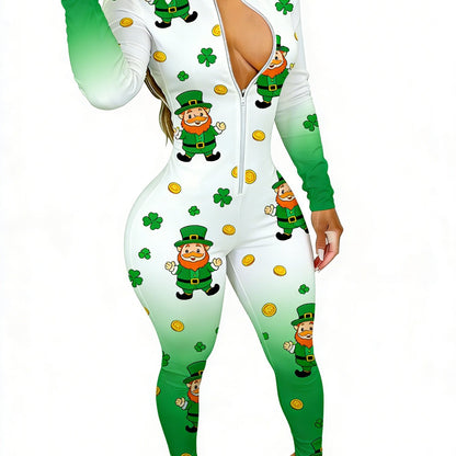 St Patrick'S Day Women'S Long Sleeve Jumpsuit | White-Green Gradient, Leprechaun & Golden Coins & Clover, Slim Fit, Lucky Fun Style 2Xs-2Xl