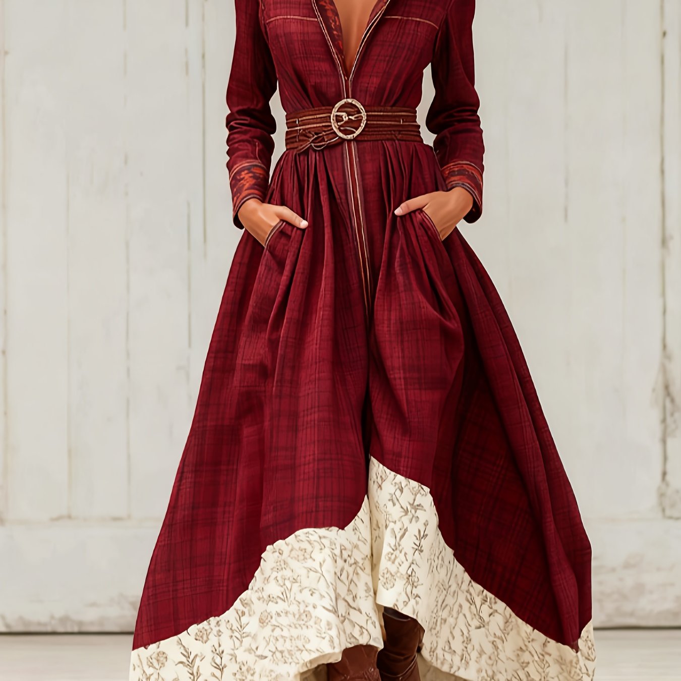 Western Retro Plaid Dress, Stand-up Collar, Zipper, Bohemian Ethnic Print, Fitted Waist, Full Skirt, with Pockets.
