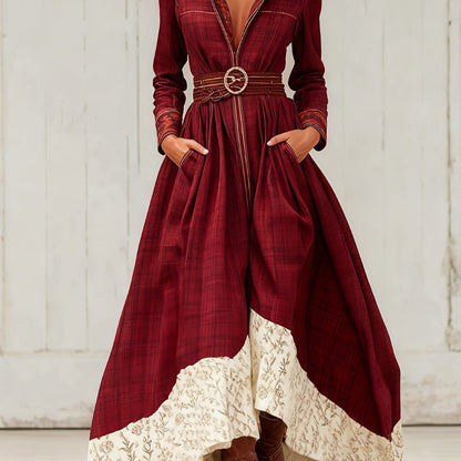 Western Retro Plaid Dress, Stand-up Collar, Zipper, Bohemian Ethnic Print, Fitted Waist, Full Skirt, with Pockets.