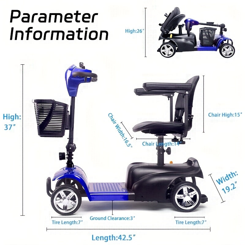 The Foldable Mobility Scooter Features A 250W Motor And Reaches A Speed Of 6 Mph.This Senior-friendly Scooter Has A 15-17 Mile Range, 13.5Ah Battery, All-terrain Tires, And Comes with A Detachable Seat, Basket, Phone Holder,