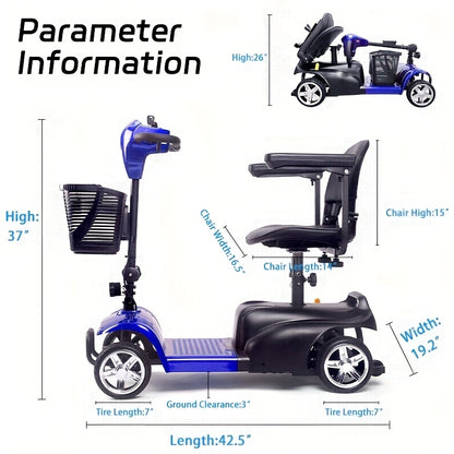 The Foldable Mobility Scooter Features A 250W Motor And Reaches A Speed Of 6 Mph.This Senior-friendly Scooter Has A 15-17 Mile Range, 13.5Ah Battery, All-terrain Tires, And Comes with A Detachable Seat, Basket, Phone Holder,