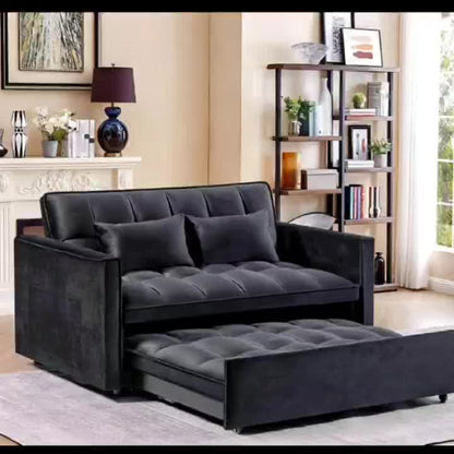 54" Black Velvet 3-in-1 Convertible Sofa Bed with Adjustable Backrest & Pull-Out Sleeper - Space-Saving Sleeper Sofa with Storage Pocket, Hardwood Frame, Modern 2-Seater for Small Apartments, Living Room, Guest Room - No Asse