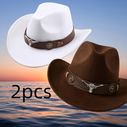 Stylish Lightweight Western Cowboy Hat - Classic Wide Brim Felt with Brown Leather Band & Metallic Buckle, Breathable & Machine Washable for Weddings & Casual Wear, Cowboy Hat
