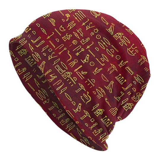 BIIHUDU Men's Egyptian Hieroglyphic Beanie Hat - Ancient Egypt Themed Textile with Symbol & Pharaoh Design, Red/Black/Brown/ Colors, Cultural History Accessory for Costumes, Themed Parties & Casual Attire