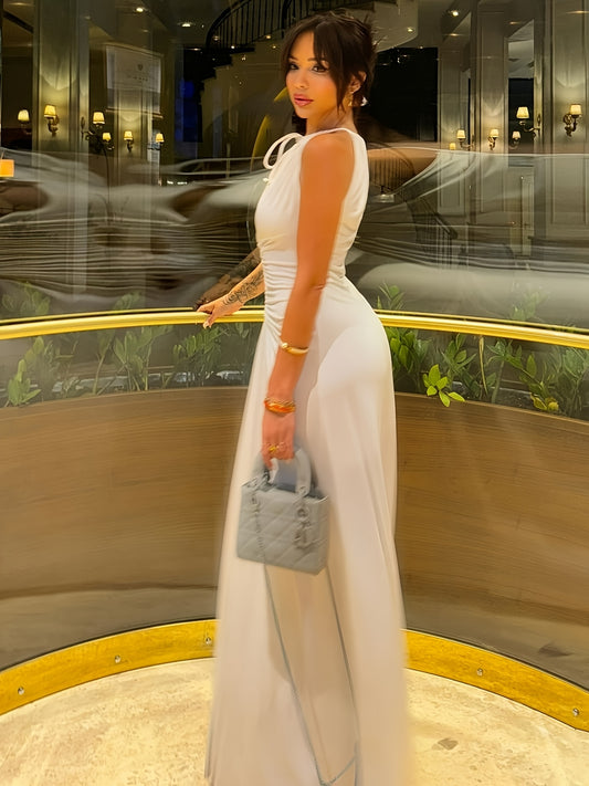 White Halter Deep Dress - Sleeveless Slim-Fit Ruched A-Line Maxi Gown, Sexy Formal Evening Dress for Weddings, Prom, Parties | Machine Washable Long Dress with Fit & summer partywear