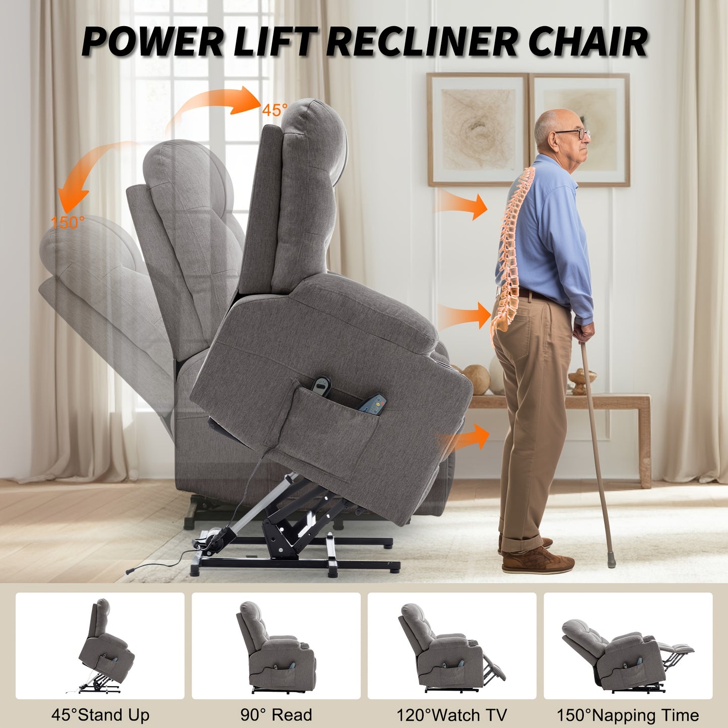 Power Lift Recliner Chair For Elderly And Adults, Power Recliner Chair With Massage And Heating, Electric Recliner With Remote Control And Cup Holders For Living Room, Grey Linen Fabric