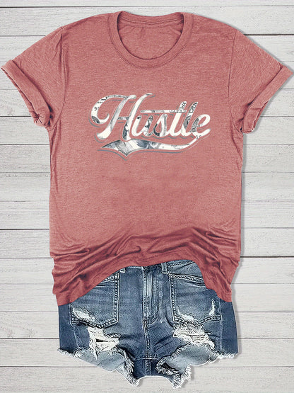 Women'S Casual "Hustle" Graphic Tee - Red Short Sleeve Round Neck T-Shirt with White Artistic Lettering, Lightweight Polyester Blend, Relaxed Fit for Spring & Summer, Casual Summer Wear | Comfortable Fit